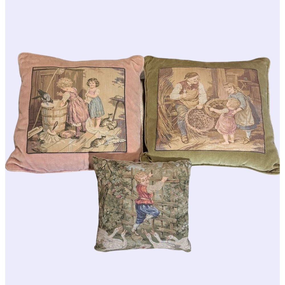 Vintage French Country Tapestry Throw Pillows Set of 3 Country Life Handmade
